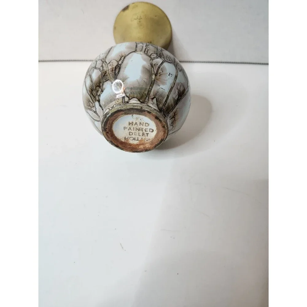Vintage Delft Porcelain And Metal Bud Vase Measures 5.75” Tall Turquoise Marbled